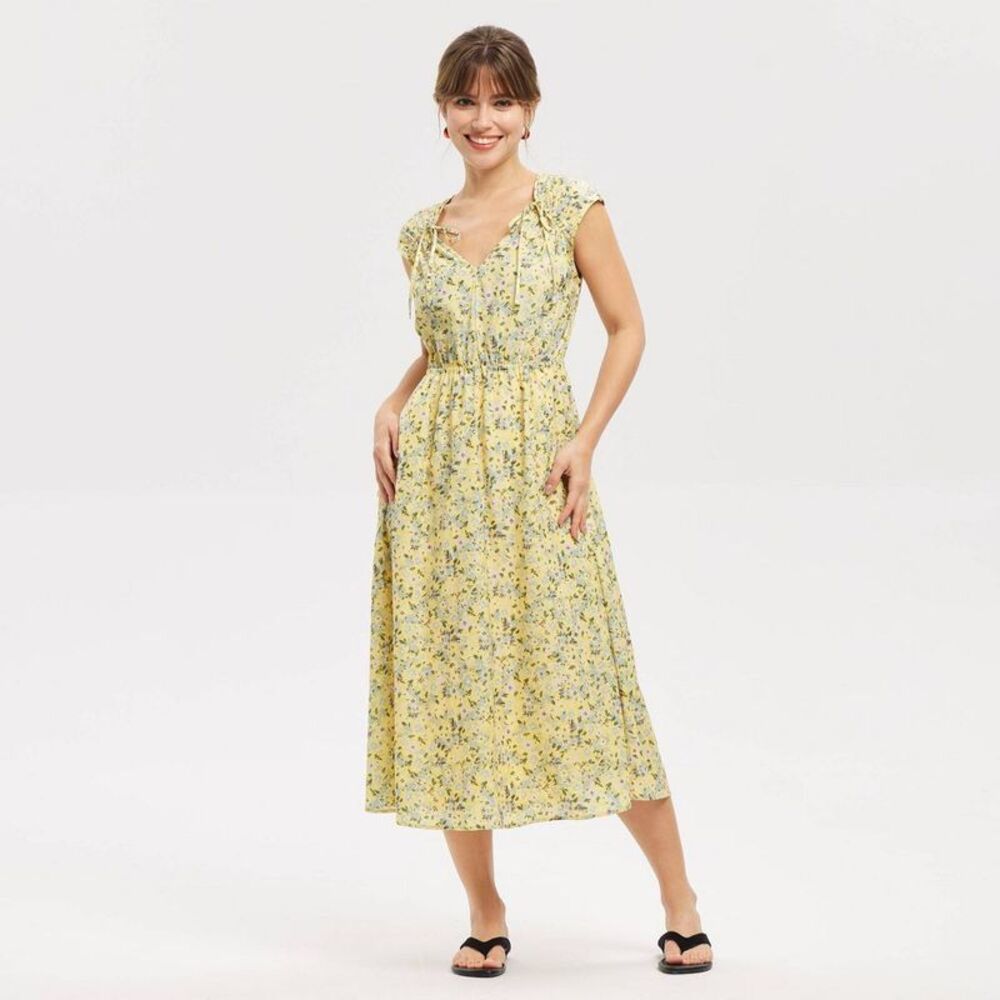 Women's Cap Sleeve Tie Shoulder Midi Dress - Lemon Yellow Floral XL